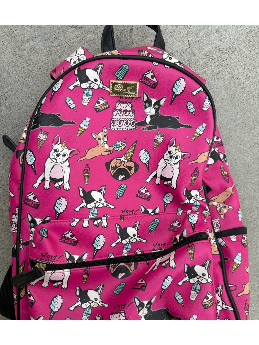 Betsey Johnson Hot Pink Dessert Print Backpack with Gold Plaque
